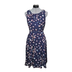 R&K Women's SIZE 4P Cottage Romantic Floral Retro Midi Dress Cinched Waist Navy